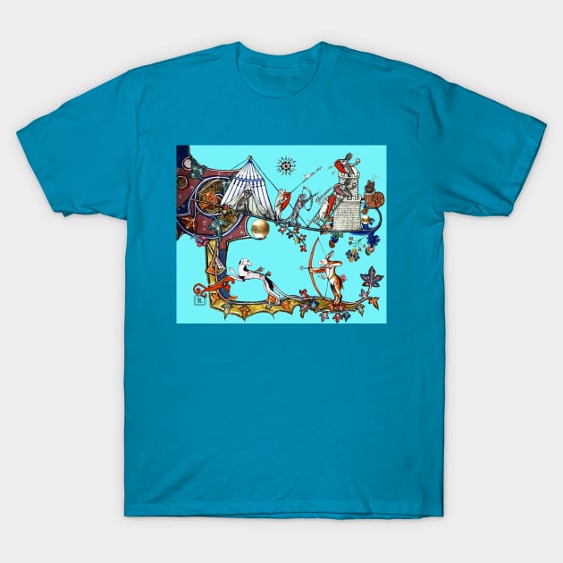 WEIRD MEDIEVAL BESTIARY WAR Between Dogs and Killer Rabbits in Blue Turquoise T-Shirt by BulganLumini